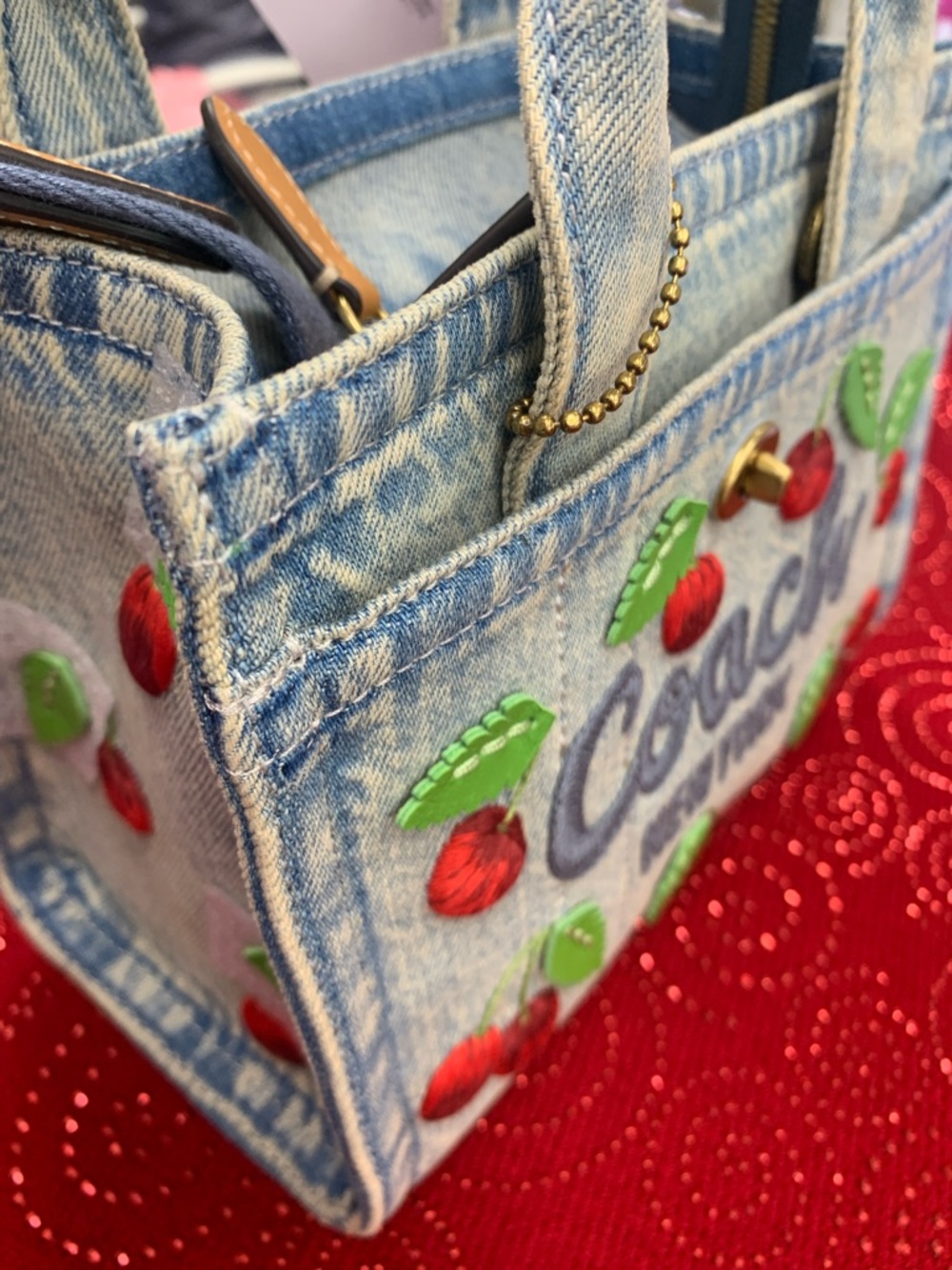 Coach Light Blue Denim Mini Tote with Red Cherry Embroidery - Picture 14 of 15